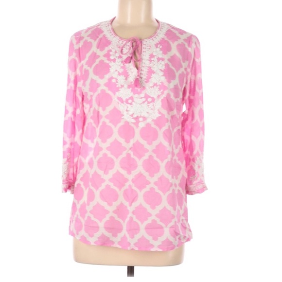 Talbots Beaded Pink White Tie Neck Tunic Blouse - Picture 3 of 10